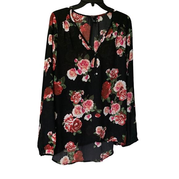FOREVER 21 LONG SLEEVE BLOUSE, WOMENS, L, BLACK W/PINK RED, GREEN FLOWERS - Picture 1 of 10